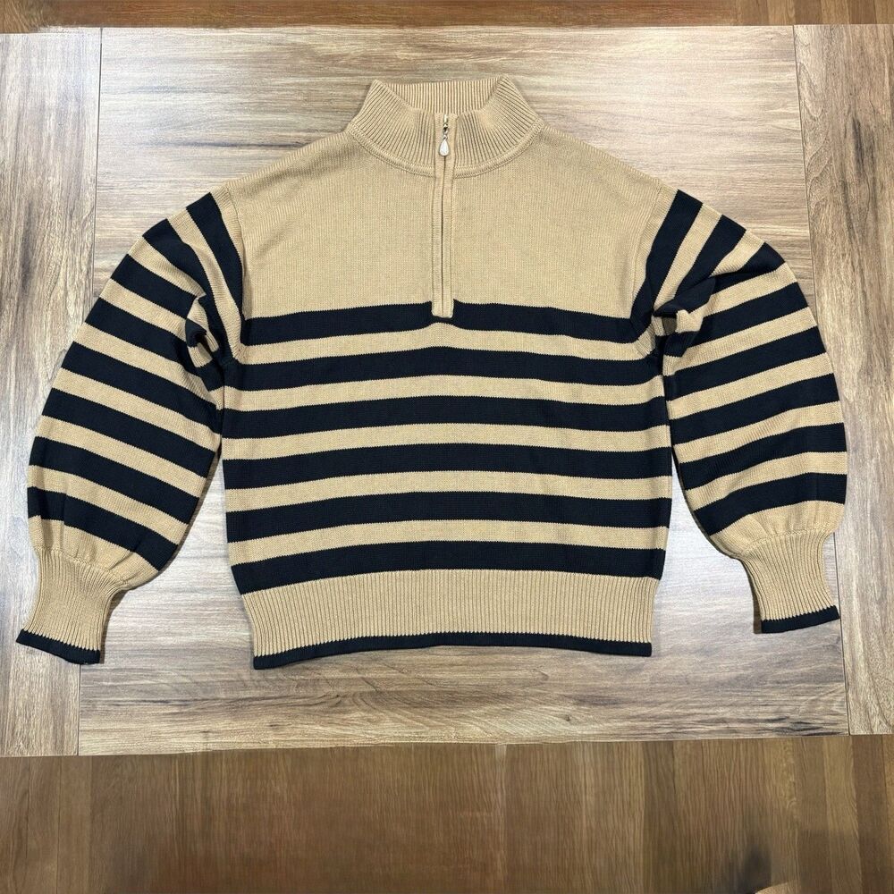 J.Crew Tan Striped Horizontal Stripe Pearl Halfzip Preppy Pullover Sweater Sz M - Picture 1 of 8